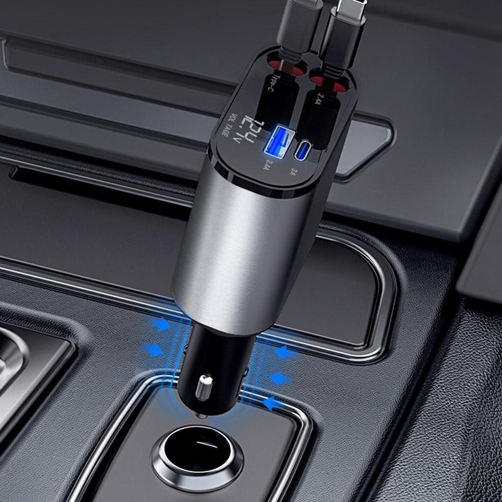 Luxe autolader met 2 intrekbare kabels - weg met die rondslingerende kabels - 2 extra ingangen - eindelijk weer een opgeruimde auto