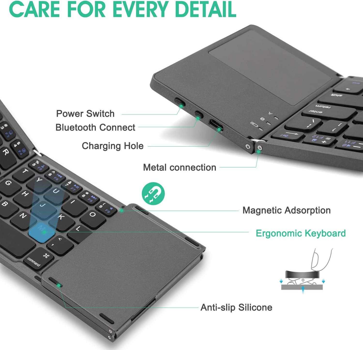 Opvouwbaar draadloos toetsenbord - QWERTY - bluetooth - voor smartphone, tablet en laptop/computer - zakformaat