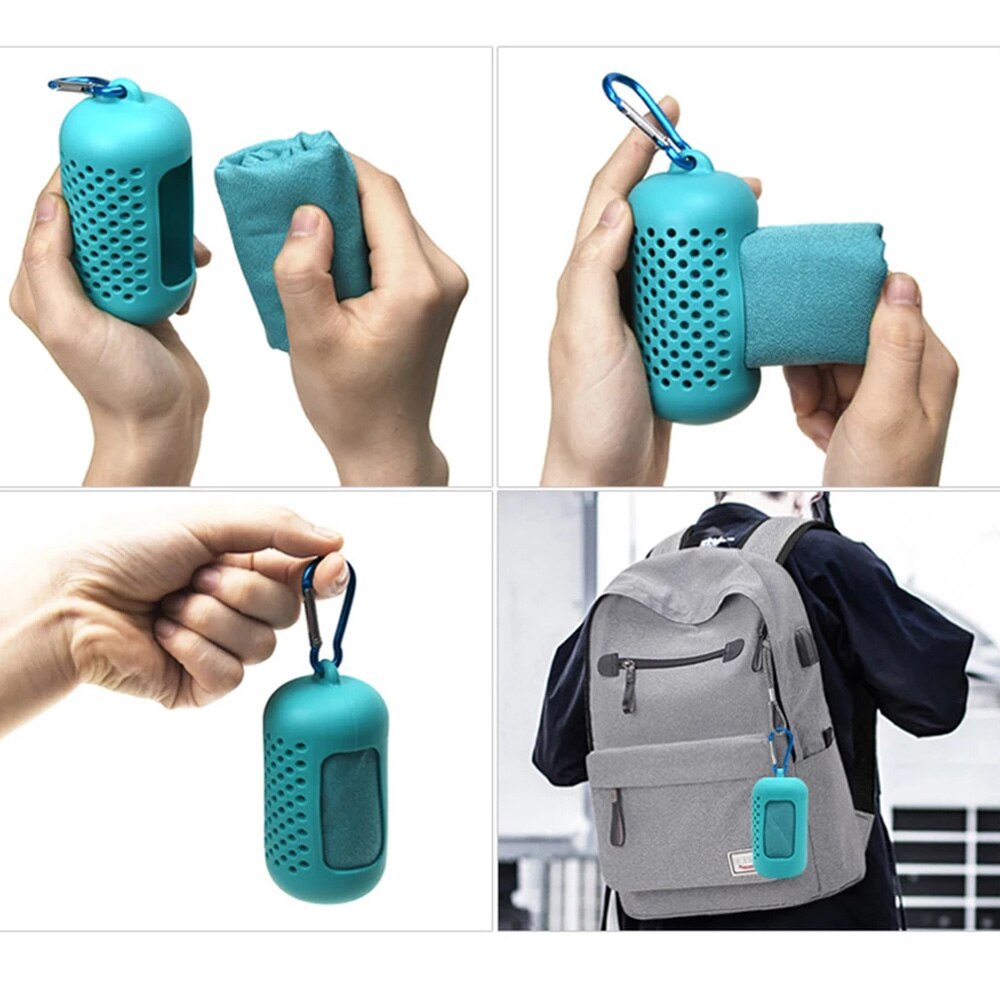Mini handdoek in capsule - compact - sterk absorberend - snel drogend - perfect voor tijdens het sporten - met handige karabijn haak