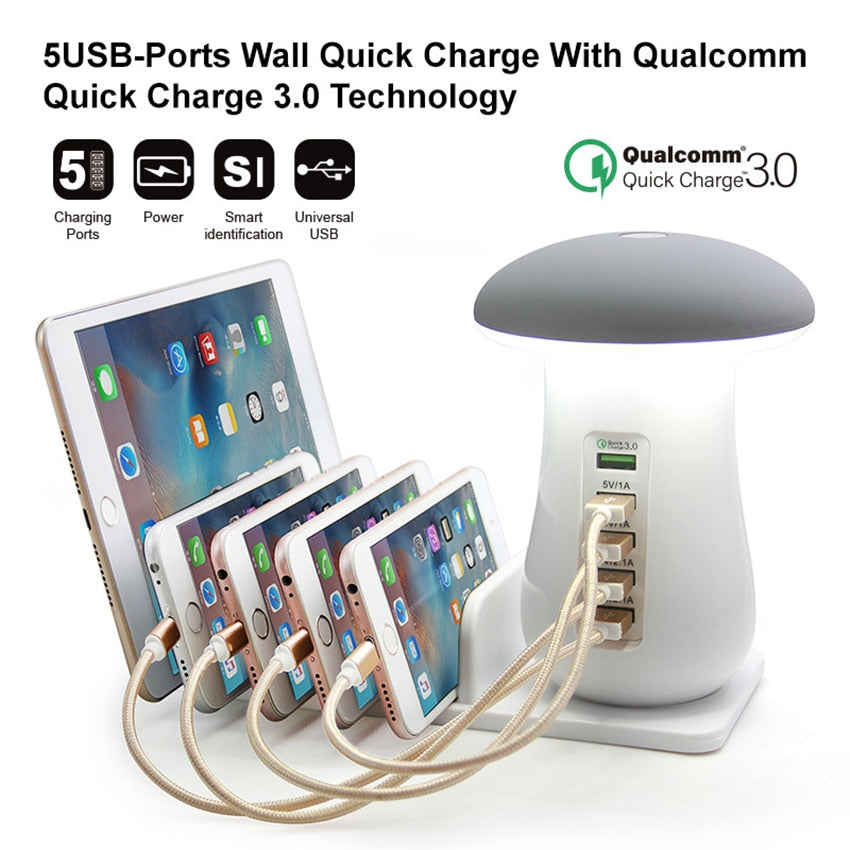 5 Poorts Snel laad Dock met Led Lamp -  Usb - LED leeslampje - Zuinige Led met veel snel laad poorten -  bureaulamp - nachtlamp - USB poort