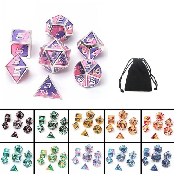 7 stuks gemengde kleur polyhedral dobbelstenen metalen rpg dobbelstenen set met fluwelen zak kerkers en draak zwarte tafel games zinklegering math onderwijs