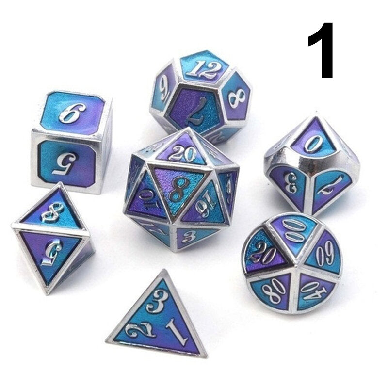 7 stuks gemengde kleur polyhedral dobbelstenen metalen rpg dobbelstenen set met fluwelen zak kerkers en draak zwarte tafel games zinklegering math onderwijs