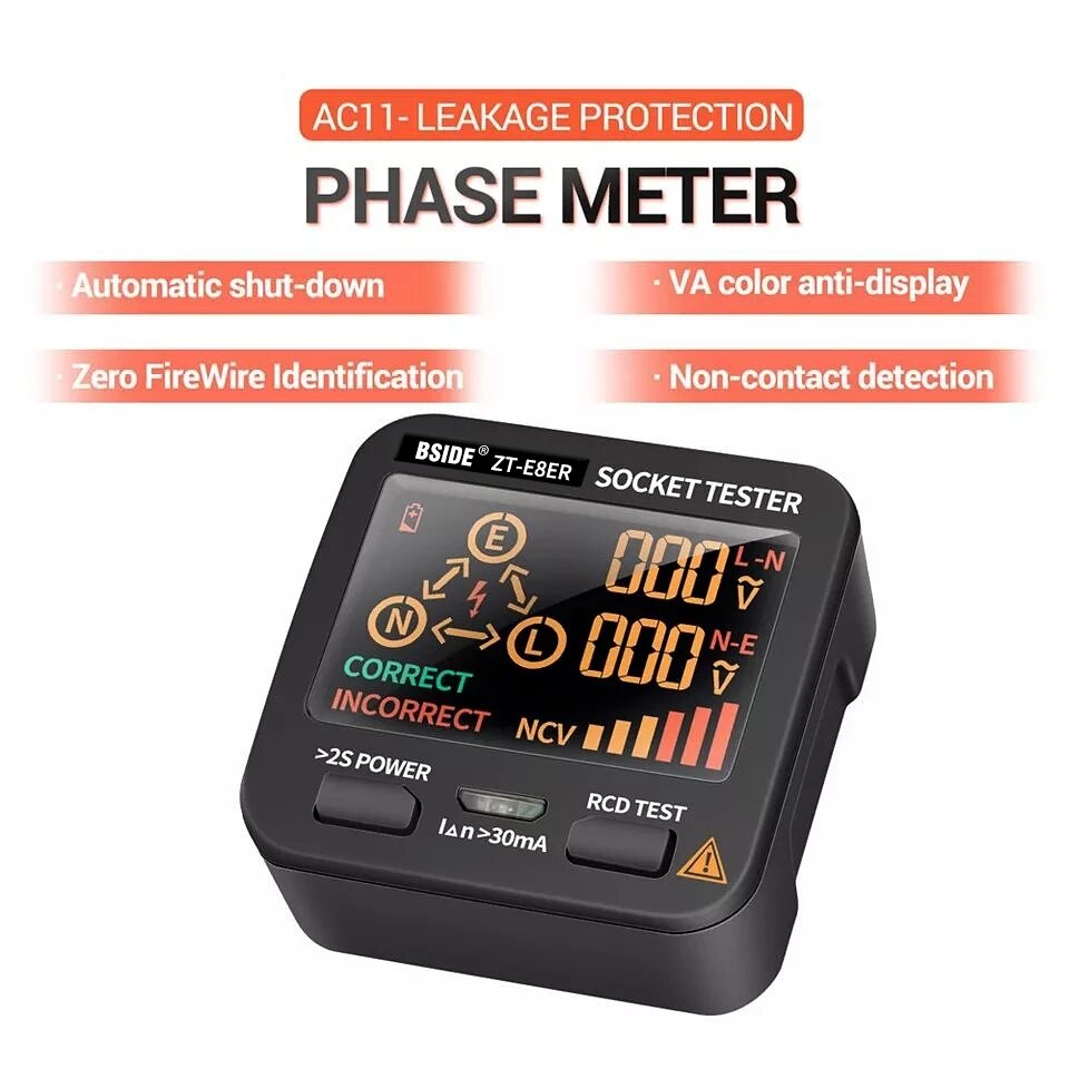bside zt-e8 lcd socket-tester kleurenscherm voltage outlet tester auto electric circuit polariteit stekkerschakelaar: