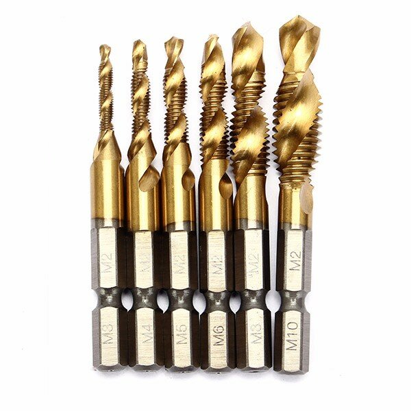 6st hss 6542 m3-m10 combinatieboor titanium gecoat tap bit set 1/4 inch hexagon metrisch ontbraam verzinkboor schroefdraad metrische tap