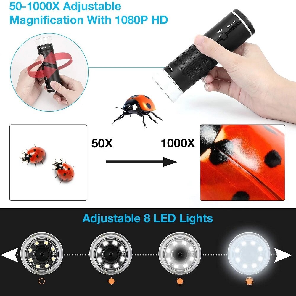 50x-1000x draadloze digitale microscoop handheld usb hd inspectiecamera met flexibele standaard voor telefoon-pc