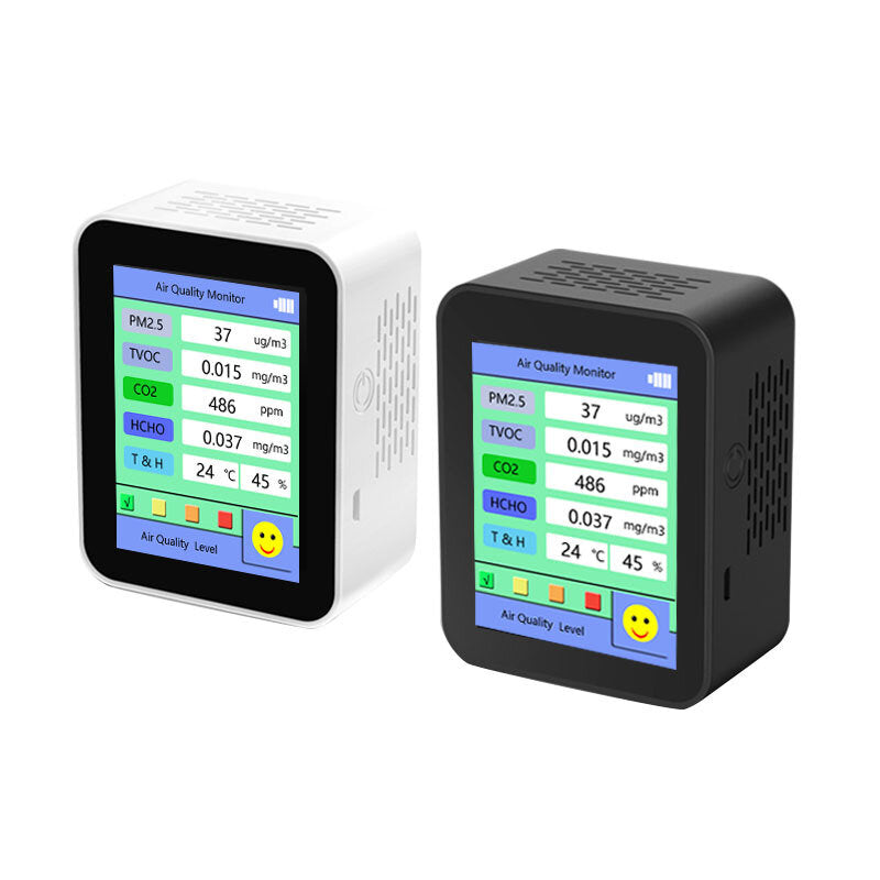 6 in 1 luchtkwaliteit monitor pm2.5/tvoc/co2/hcho/temperatuur/vochtigheid ingebouwde batterij multifunctionele luchtkwaliteit tester