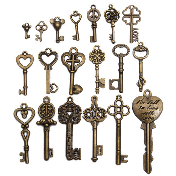 19 stuks antieke vintage oude look skeleton key set veel hanger hart boog lock steampunk jewel