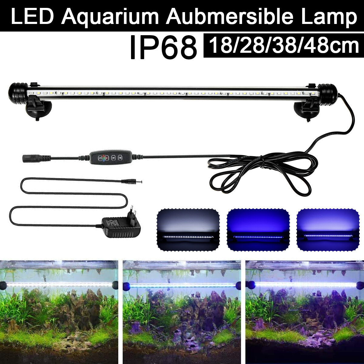 onderdompelbaar led-aquariumlicht. tanklicht met timer-dimfunctie. 3 lichtmodi dimbaar blauw en wit en wit-blauw eu-stekker