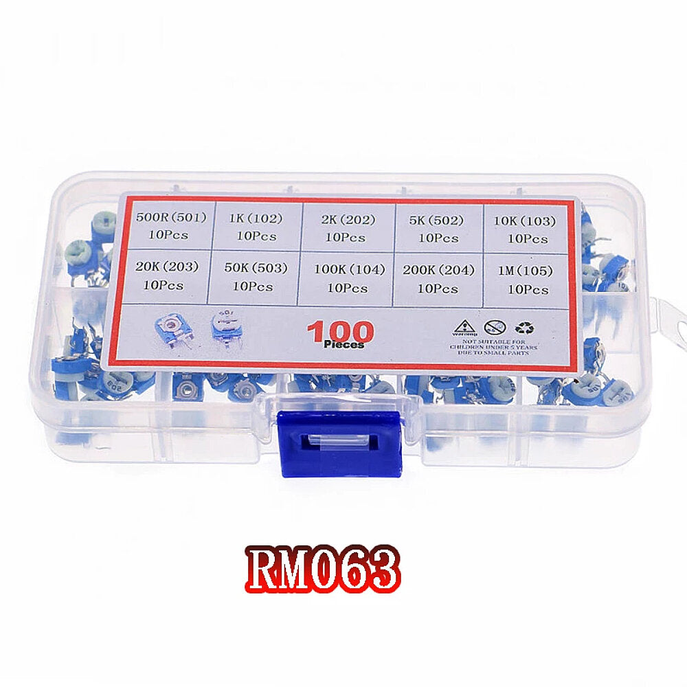 100 stuks rm063 trimmer potentiometer verstelbare weerstand kit 500r 1k 2k 5k 10k 20k 50k 100k 200k 1m potentiometer weerstand rm 063