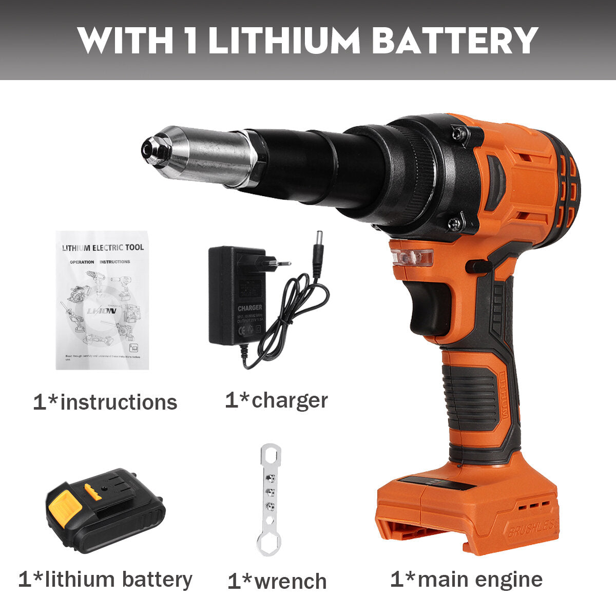 21v elektrische klinknagel draadloze klinknagel moer boor insert moer pull klinknagel tool 2.4-4.8mm met led licht