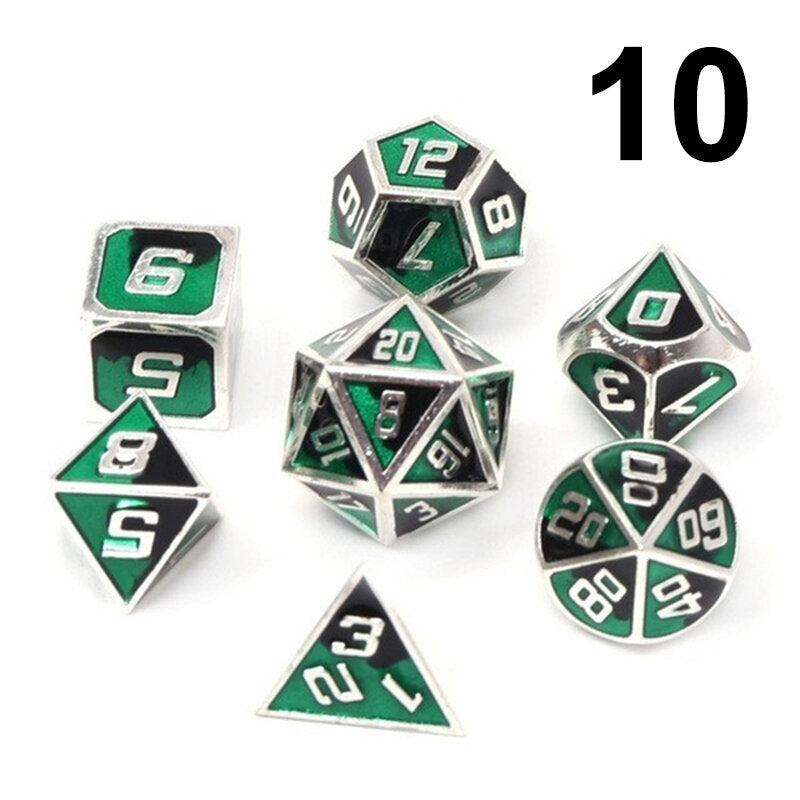 7 stuks gemengde kleur polyhedral dobbelstenen metalen rpg dobbelstenen set met fluwelen zak kerkers en draak zwarte tafel games zinklegering math onderwijs