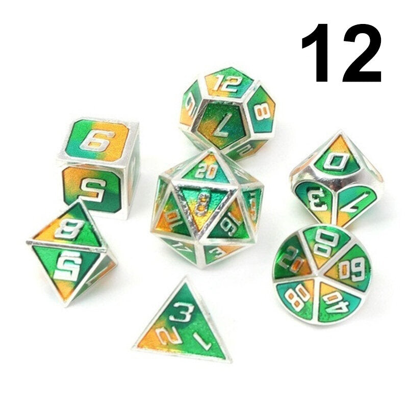7 stuks gemengde kleur polyhedral dobbelstenen metalen rpg dobbelstenen set met fluwelen zak kerkers en draak zwarte tafel games zinklegering math onderwijs