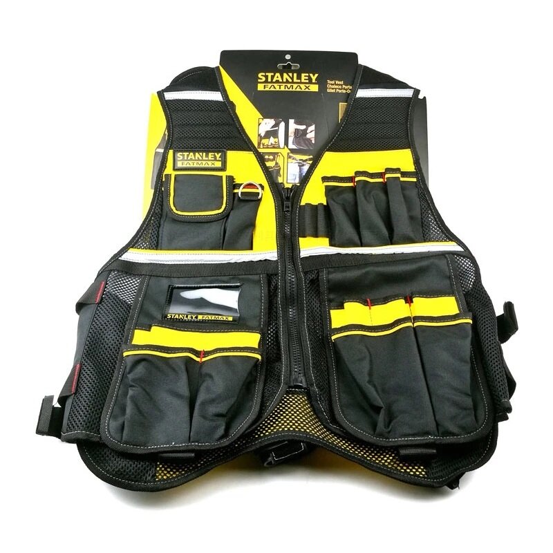 multi-pocket work tool vest met zwart gele reflecterende veiligheidsstrip verstelbare riem