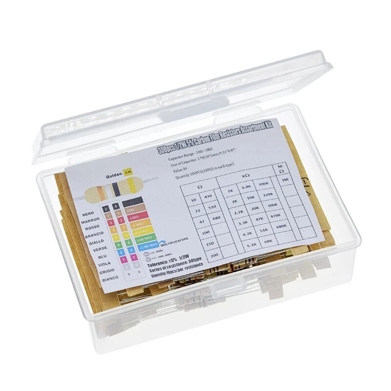 300 stuks 30 waarden film weerstanden pakket 1/2w 5% 10r-1m carbon film metalen weerstanden assortiment kit set