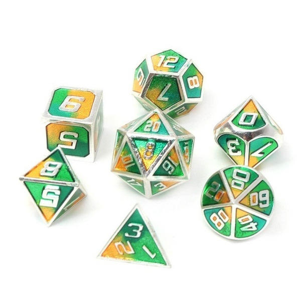 7 stuks gemengde kleur polyhedral dobbelstenen metalen rpg dobbelstenen set met fluwelen zak kerkers en draak zwarte tafel games zinklegering math onderwijs
