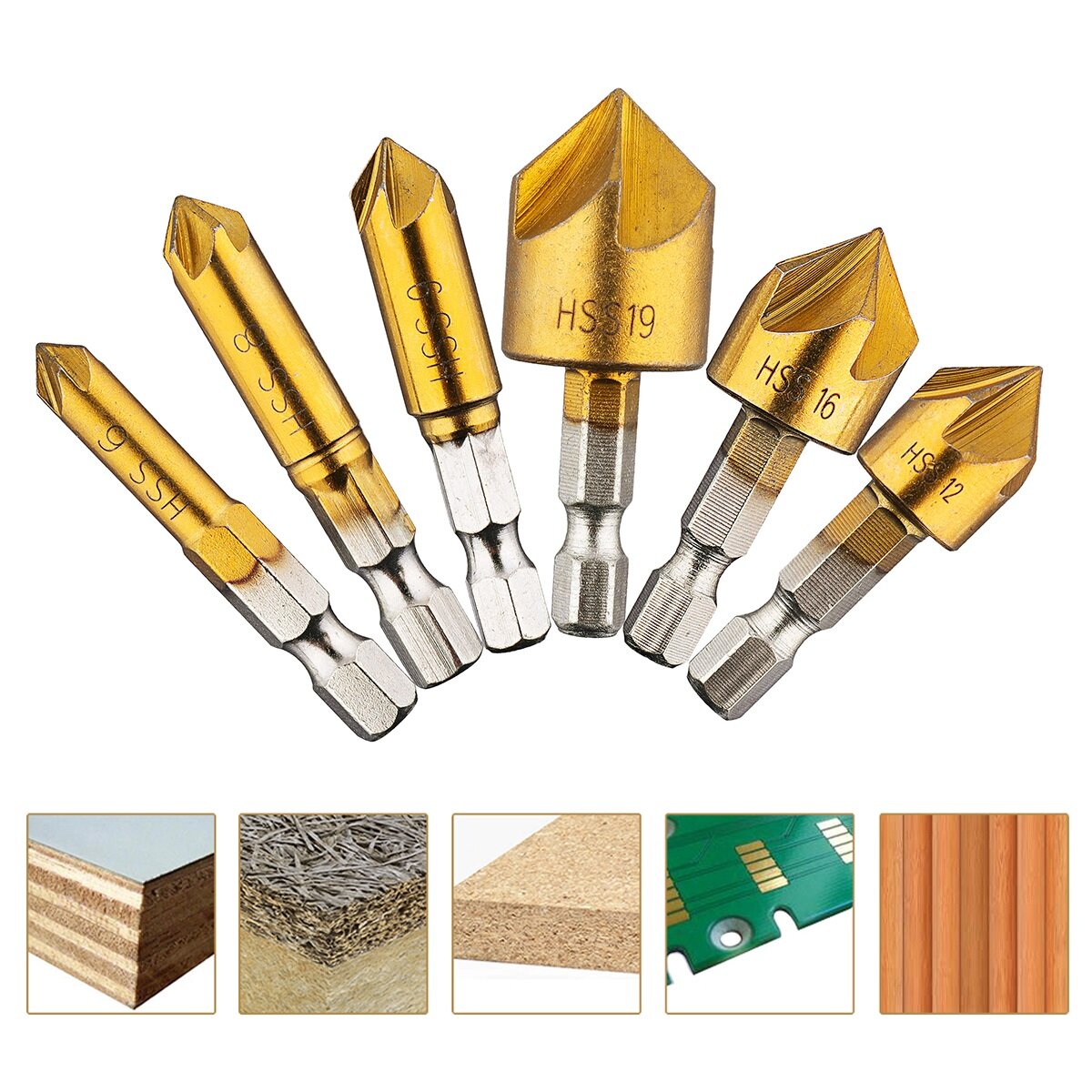 6-delige 6-19 mm verzinkboor 5 groeven zeskantschacht titanium gecoate afschuinsnijderset