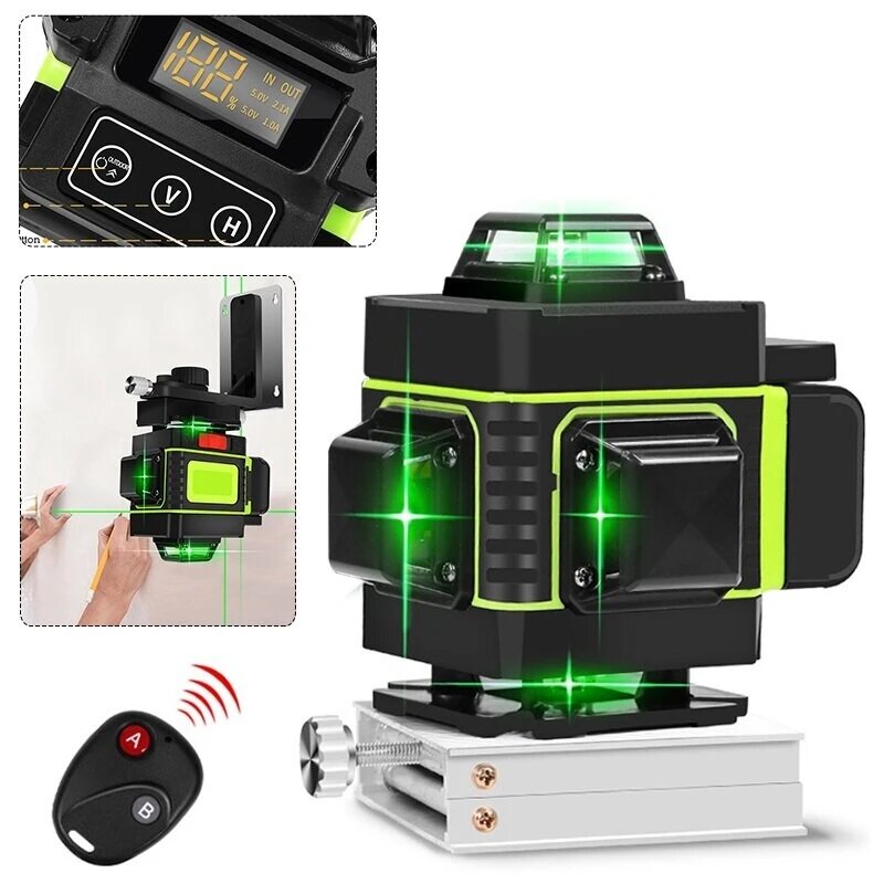 16-lijns sterk groen licht 3d-afstandsbediening laserwaterpas met muurbevestigingsframe