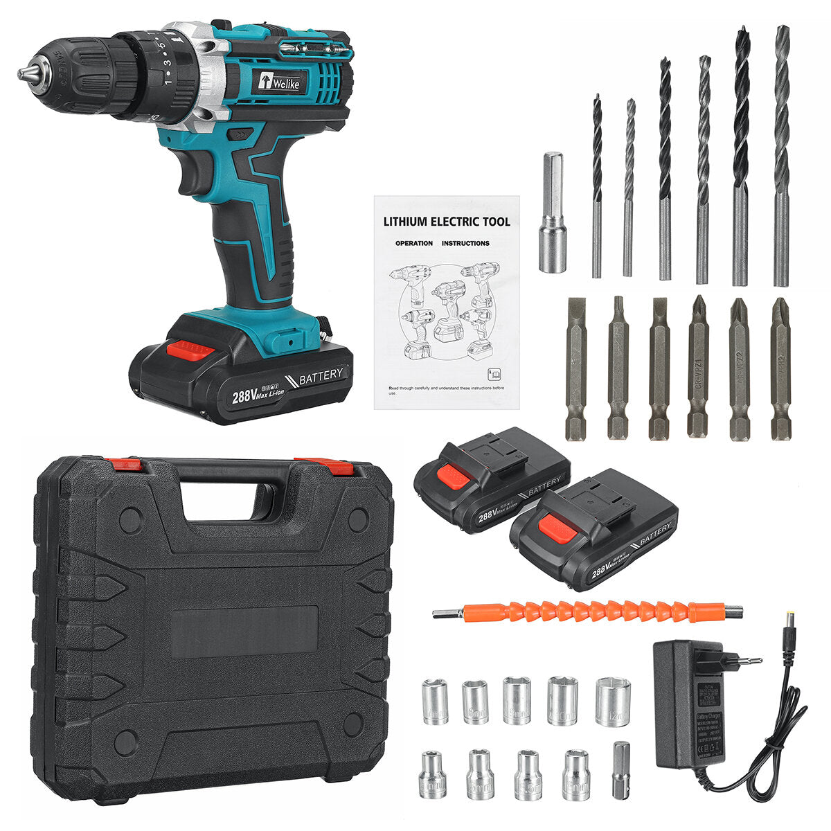 wolike 288vf 10mm elektrische boor 25 + 3 koppel aanpassing schakelaar traploze snelheid w/1 st/2 st batterij au/eu/us plug