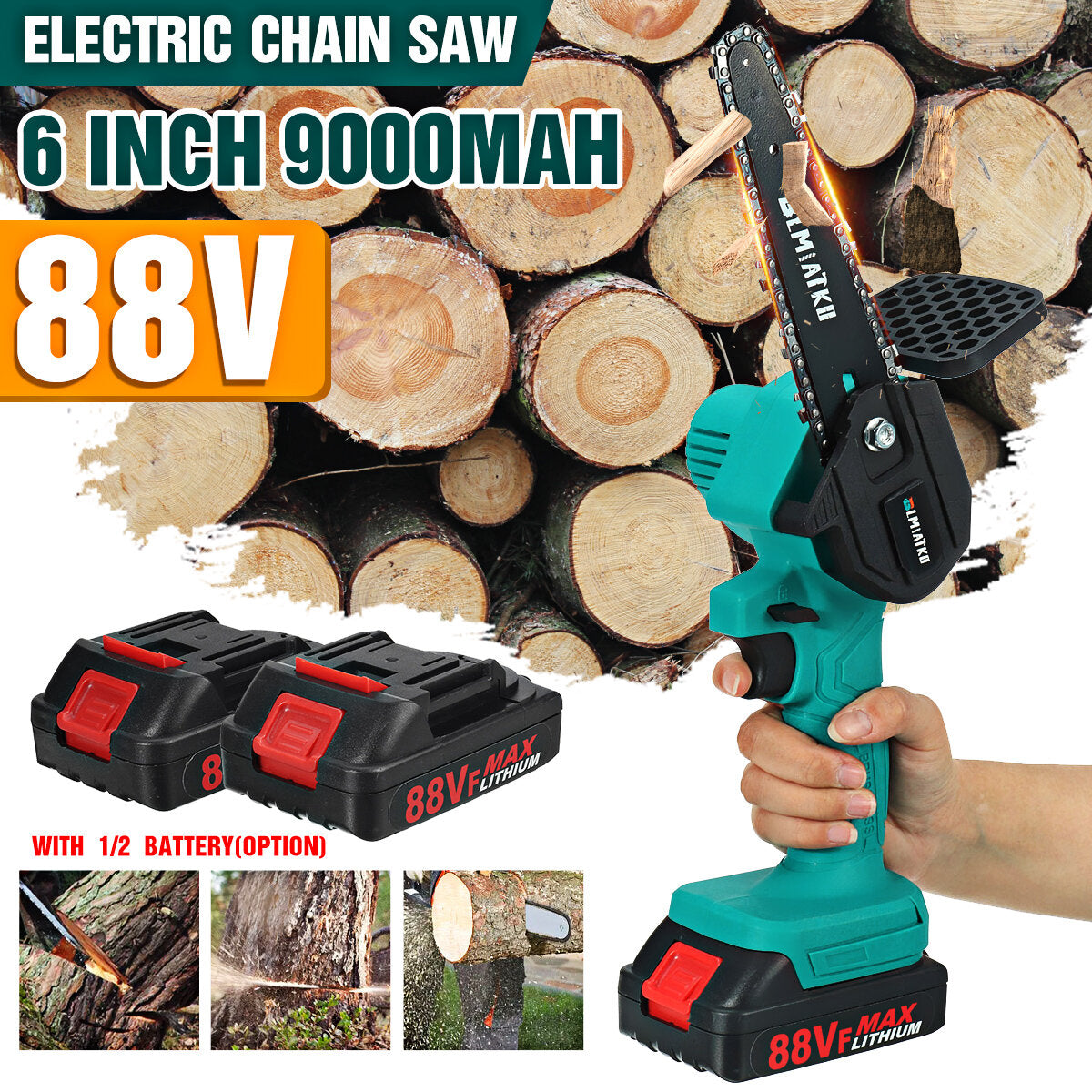 88vf 6-inch draadloze elektrische kettingzaag 3000w handbediende tuinzagen met één hand houtsnijder