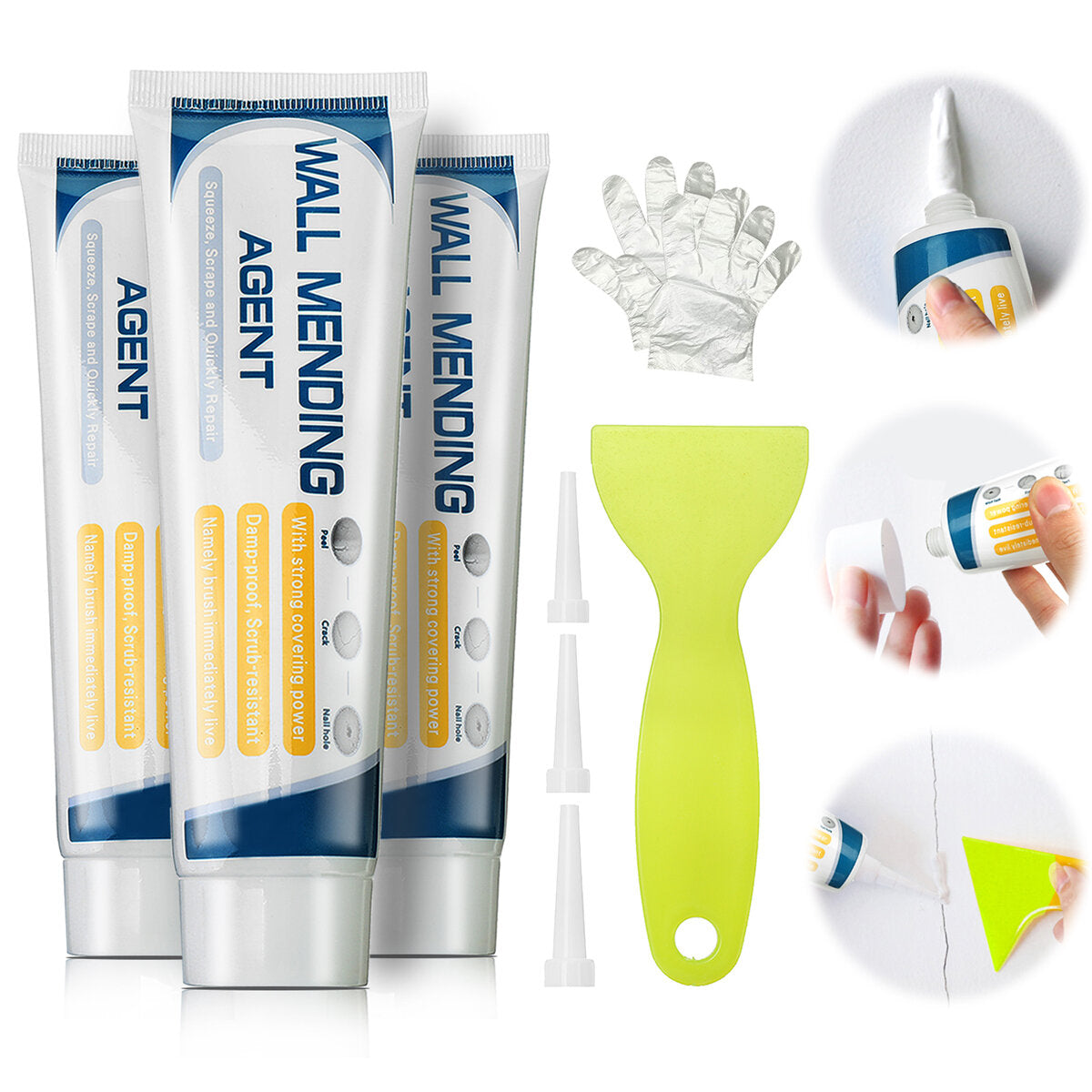jeteven 300g wall spackle safemend wall herstelmiddel met schraper reparatie crème om gaten te passen met 3 stuks nozzle extender en 10 sets handschoenen