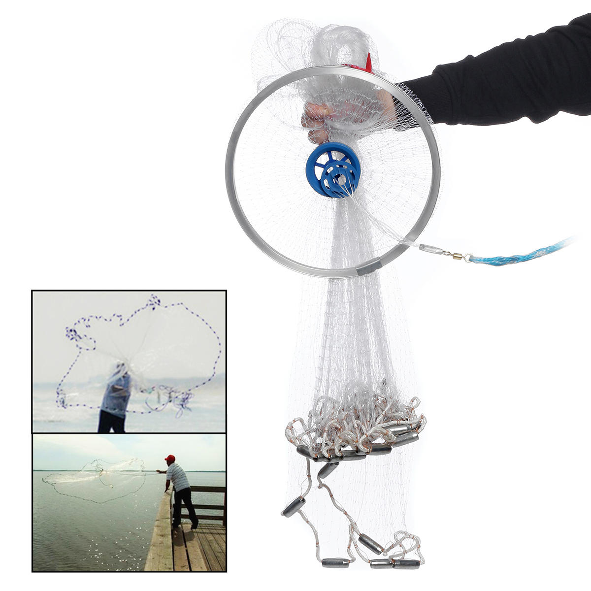 4.2m 14ft hand easy throw handmatig visnet spin bait casting nylon line sinker