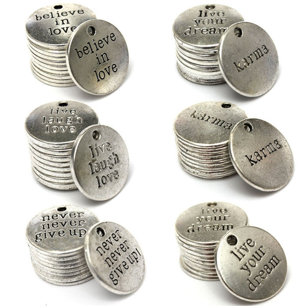 10 stks round-vorm carve woorden hangers dhz sieraden accessoires
