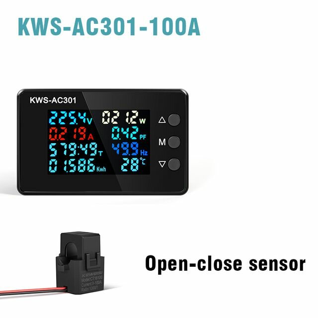 kws-ac301 8 in1 voltmeter amperemeter ac 50-300v power energy meter led digitale ac wattmeter elektriciteitsmeter 0-100a