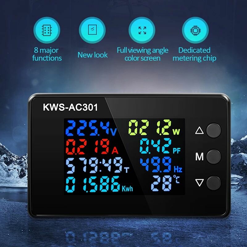 kws-ac301 8 in1 voltmeter amperemeter ac 50-300v power energy meter led digitale ac wattmeter elektriciteitsmeter 0-100a