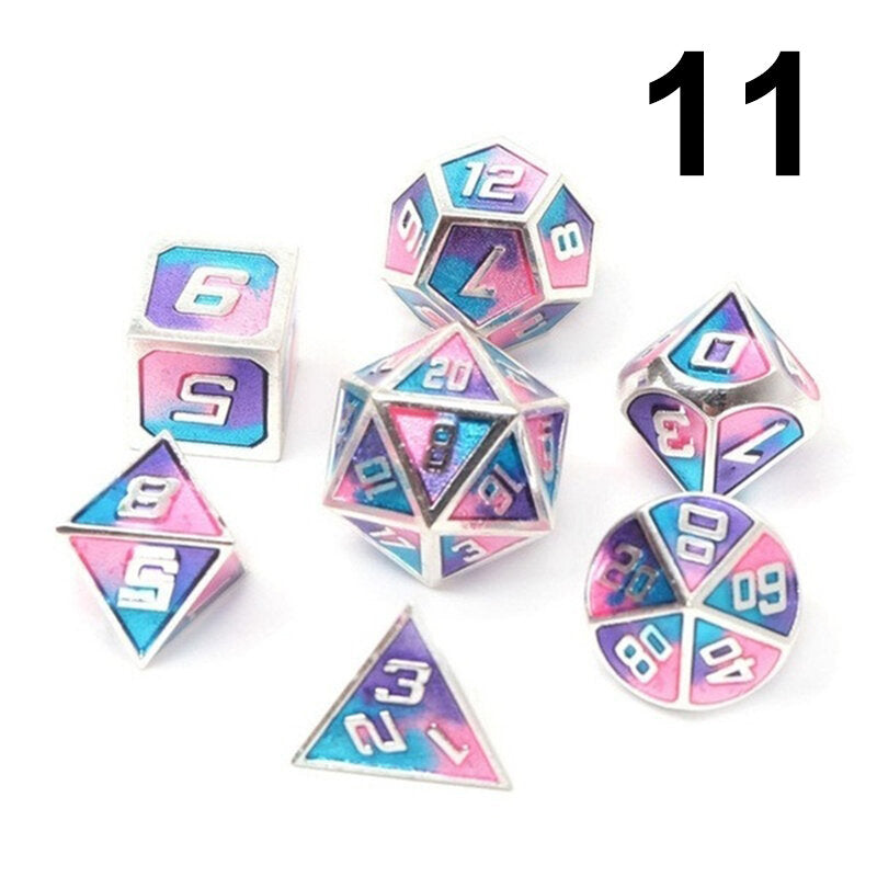7 stuks gemengde kleur polyhedral dobbelstenen metalen rpg dobbelstenen set met fluwelen zak kerkers en draak zwarte tafel games zinklegering math onderwijs
