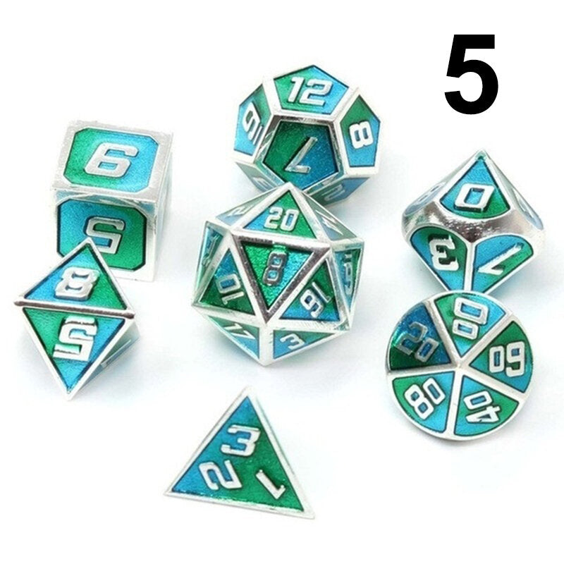 7 stuks gemengde kleur polyhedral dobbelstenen metalen rpg dobbelstenen set met fluwelen zak kerkers en draak zwarte tafel games zinklegering math onderwijs