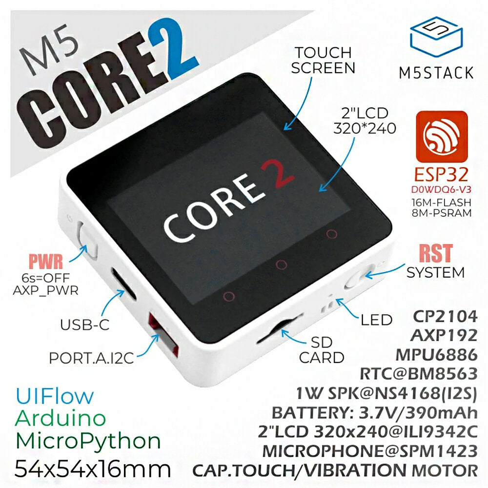 m5stack core2 esp32 met touch screen development board kit wifi bluetooth grafische programmering wifi ble iot m5stack voor arduino - producten die werken met officiële arduino-boards