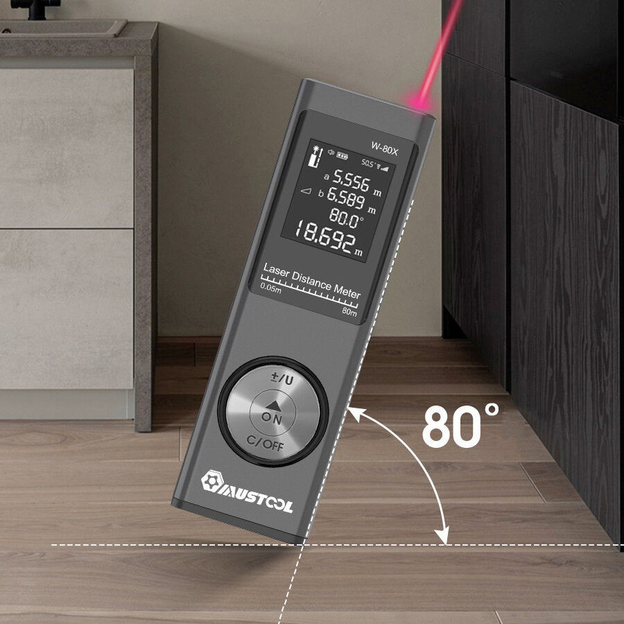 80m digitale mini-laserafstandsmeter met elektronische hoeksensor m / in / ft-eenheid schakelen usb opladen pythagoreaanse modus afstandsgebied volume meet laserafstandsmeter