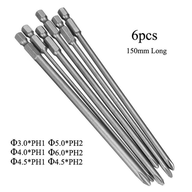 6 stuks 150 mm schroevendraaierbit 1/4 inch magnetische lange zeskantschroevendraaierbitset
