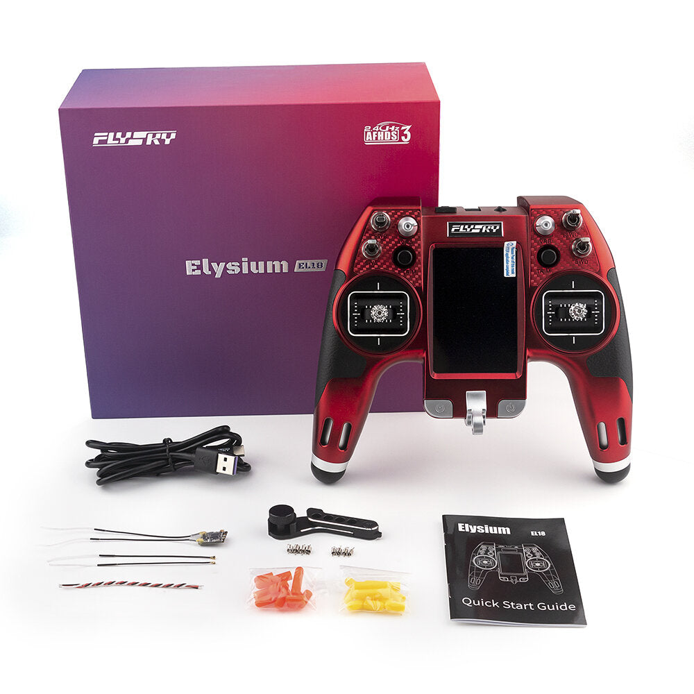 flysky elysium el18 2.4ghz 3.5-inch touch screen afhds 3 opentx/edgetx system remote controller rc transmitter limited edition w/high-precision cnc hall gimbals & tmr micro receiver