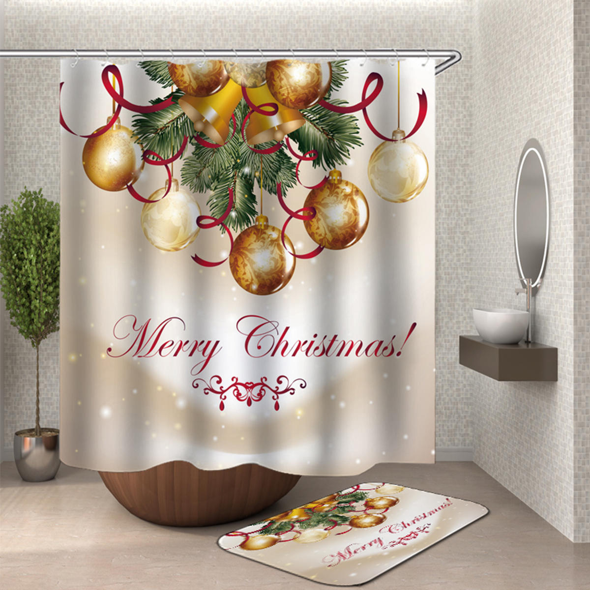 180x180 cm vrolijk kerstfeest waterdicht bad douchegordijn wc antislip cover mat tapijt set