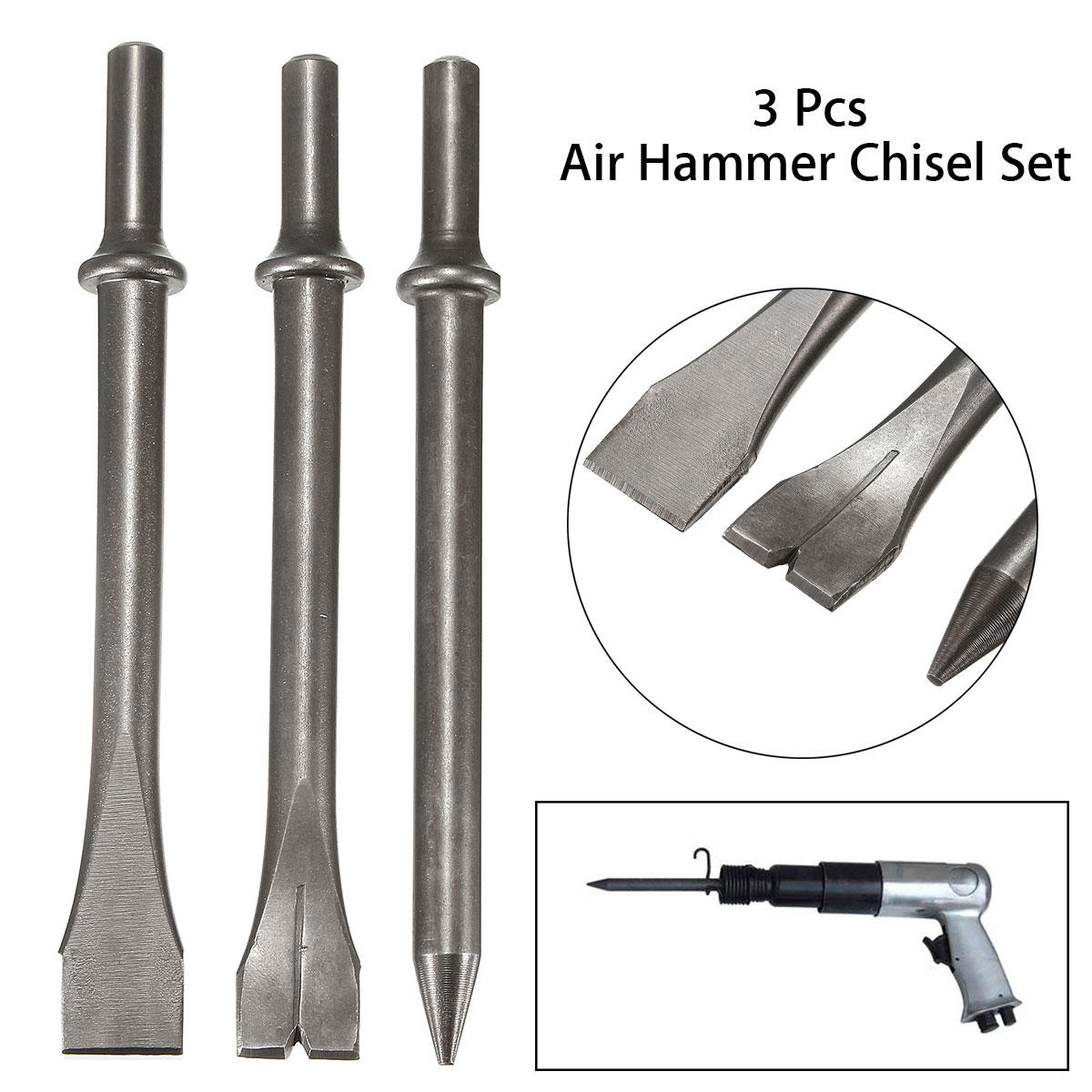 3 stuks 7 inch lengte luchthamers punch chipping beitel set ronde bar tool accessoire: