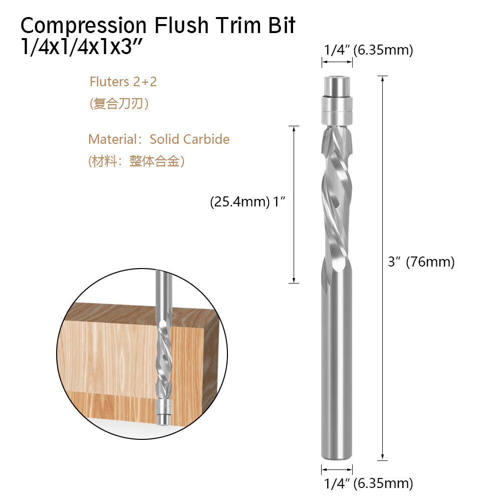 lavie 1 pc 6.35mm schacht vhm lager geleide twee fluit flush trim frezen houtbewerking frezen frees