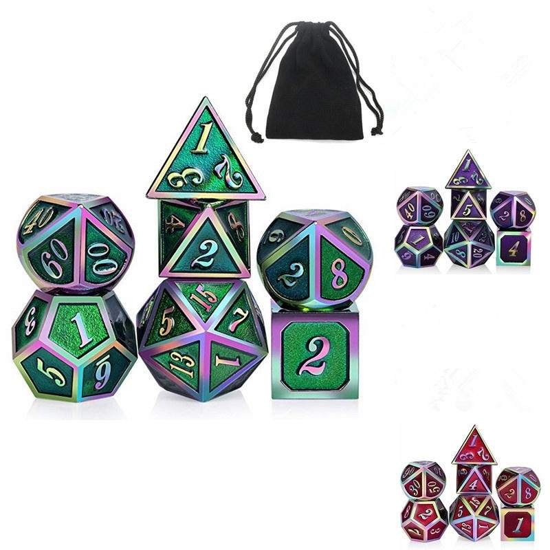 7 stuks/set regenboog rand metalen dobbelstenen set met tas board rollenspel draken tafel game bar party game dobbelstenen hobby speelgoed gift