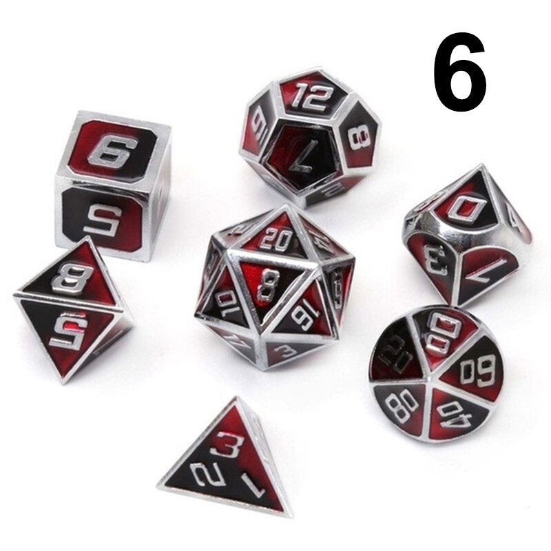 7 stuks gemengde kleur polyhedral dobbelstenen metalen rpg dobbelstenen set met fluwelen zak kerkers en draak zwarte tafel games zinklegering math onderwijs