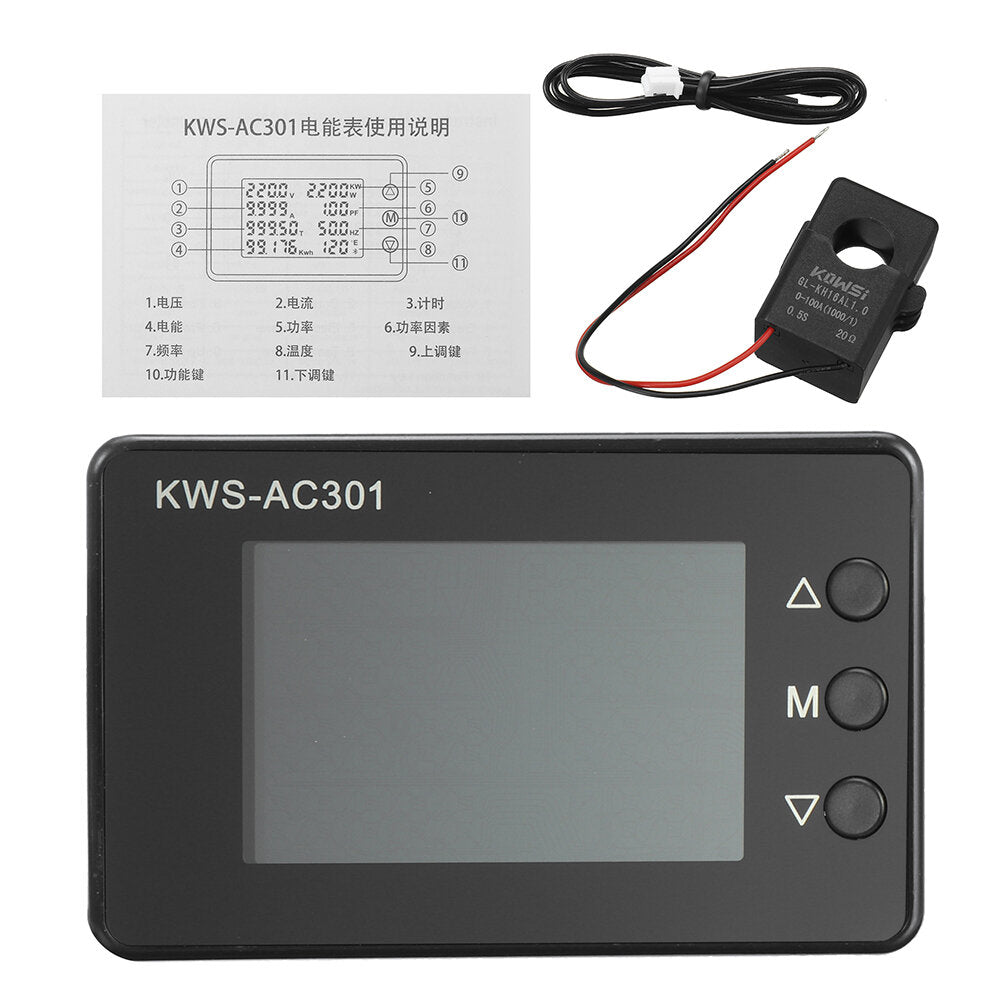 kws-ac301 8 in1 voltmeter amperemeter ac 50-300v power energy meter led digitale ac wattmeter elektriciteitsmeter 0-100a