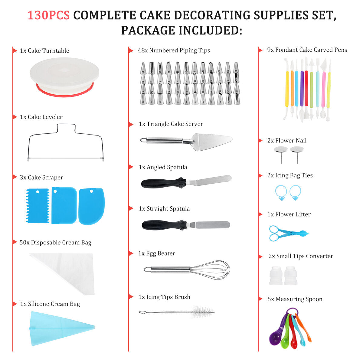 130 stuks cake decorating kit bakken fondant levert draaitafel tas tip spatel gereedschap kit