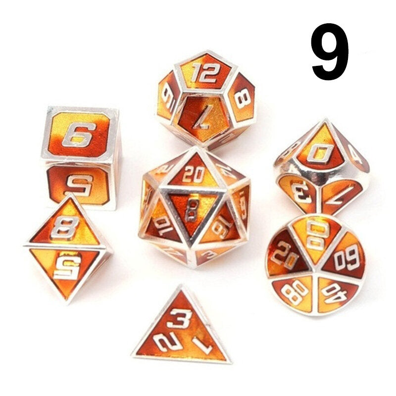 7 stuks gemengde kleur polyhedral dobbelstenen metalen rpg dobbelstenen set met fluwelen zak kerkers en draak zwarte tafel games zinklegering math onderwijs