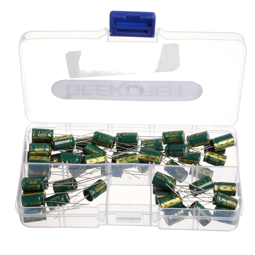 geekcreit 50 stuks 400v 4.7uf hoge frequentie lage weerstand oplader aluminium elektrolytische condensator 8x12mm met doos 400v 4.7μf