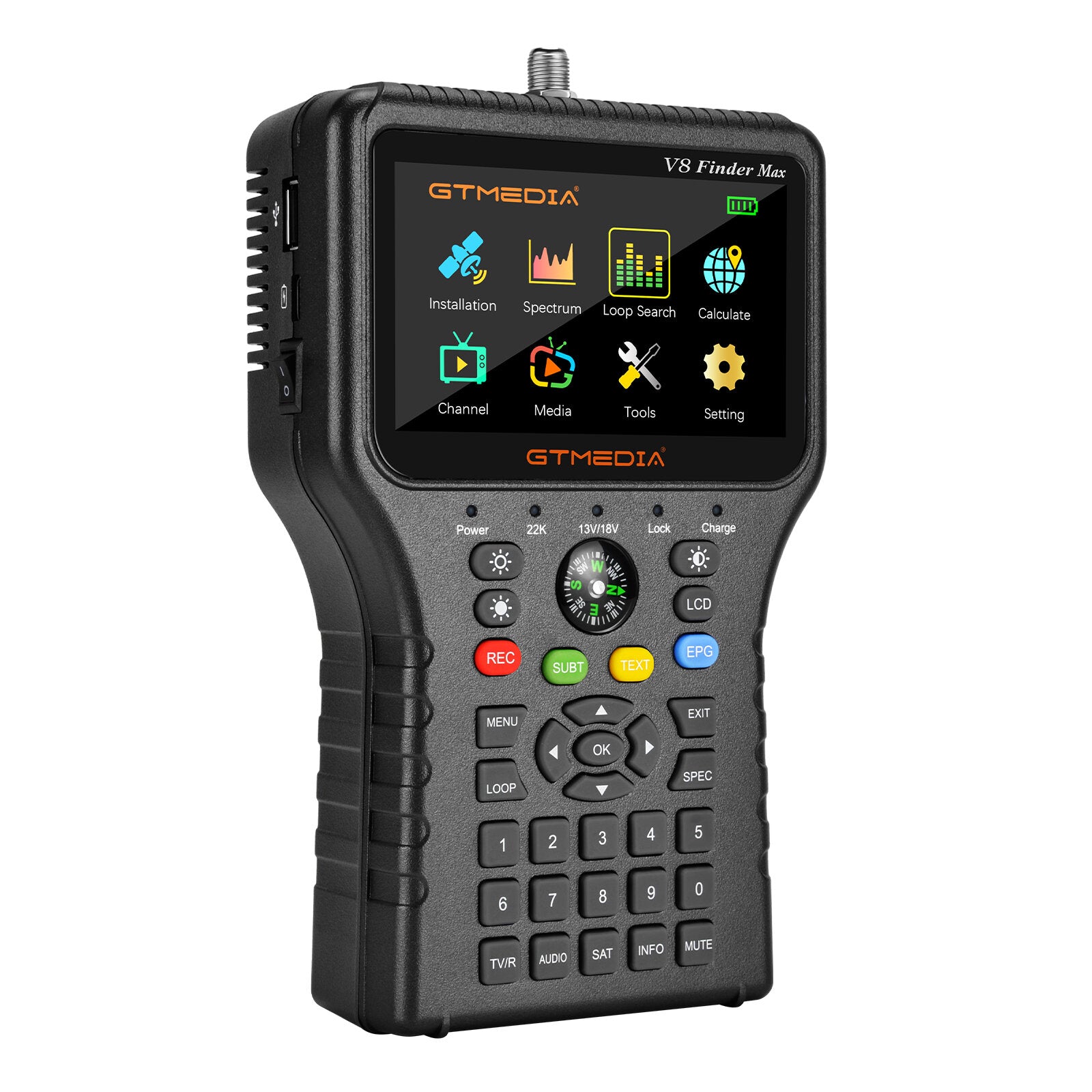 gtmedia v8 finder max signaalzoeker dvb-s2x/s2/s/mpeg-2/4 h.264/h.265 (8 bit) 4.3 inch hd compliant handheld combo meter