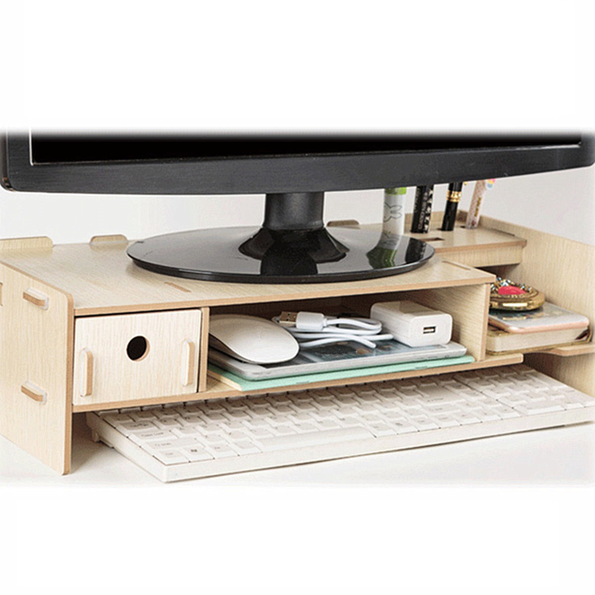 Decopatent monitorstandaard bamboe hout - beeldscherm verhoger - bureau organizer - monitorverhoger vak gsm beker - pennenbak - multimedia-accessoires kopen? | Korting tot 29