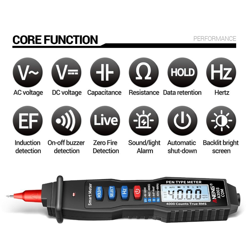 aneng a3003 digitale pen multimeter professionele 4000 telt slimme meter met ncv ac / dc spanning weerstand capaciteit testers
