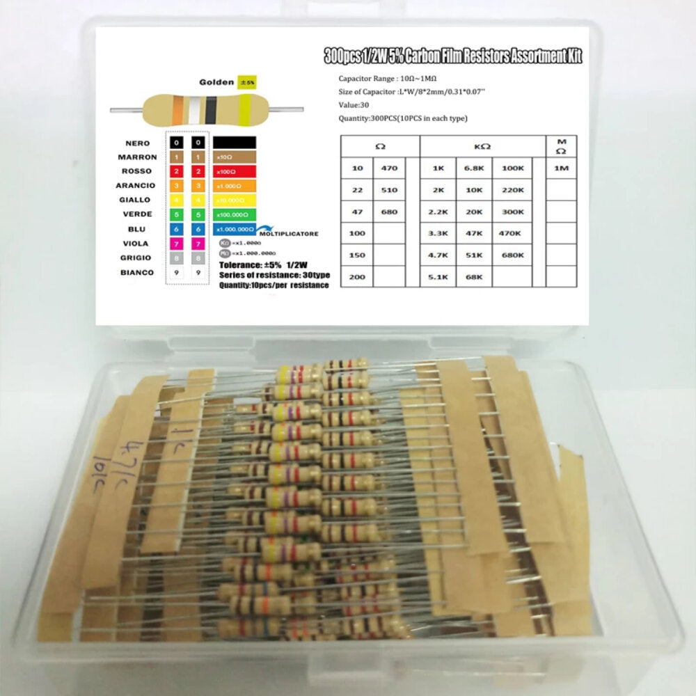 300 stuks 30values 10ω-1mω 1/2w 5% carbon film metaal weerstanden assortiment kit