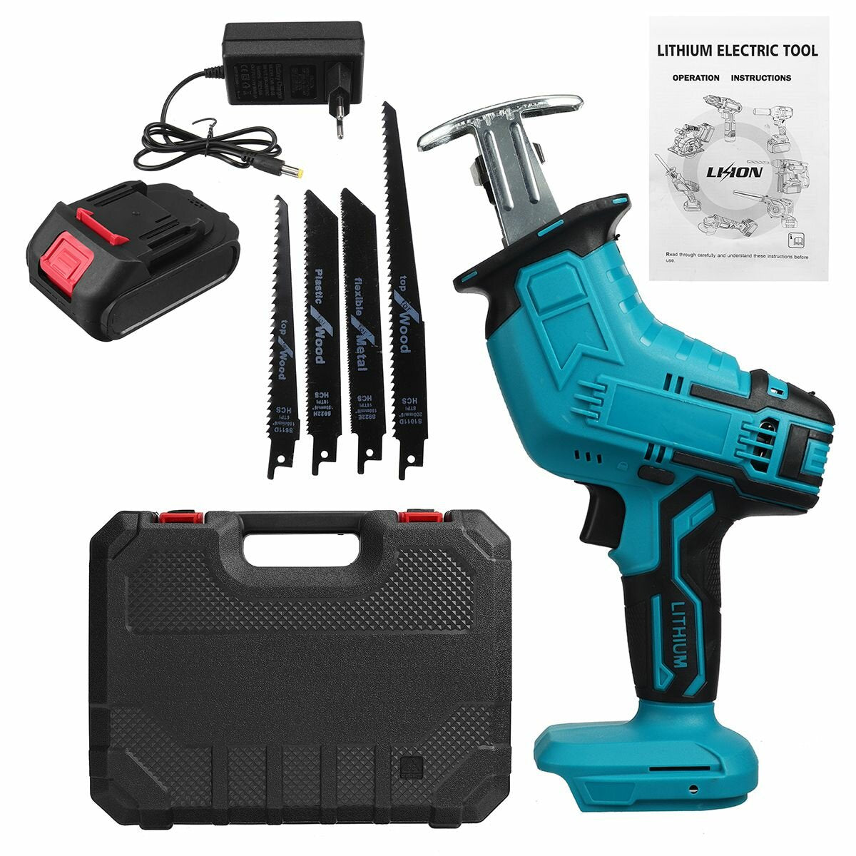 wolike 88vf accu reciprozaag batterij aangedreven elektrische zaag voor metaal/hout/pvc pijp/boom met 4 zaagbladen & batterij voor makita