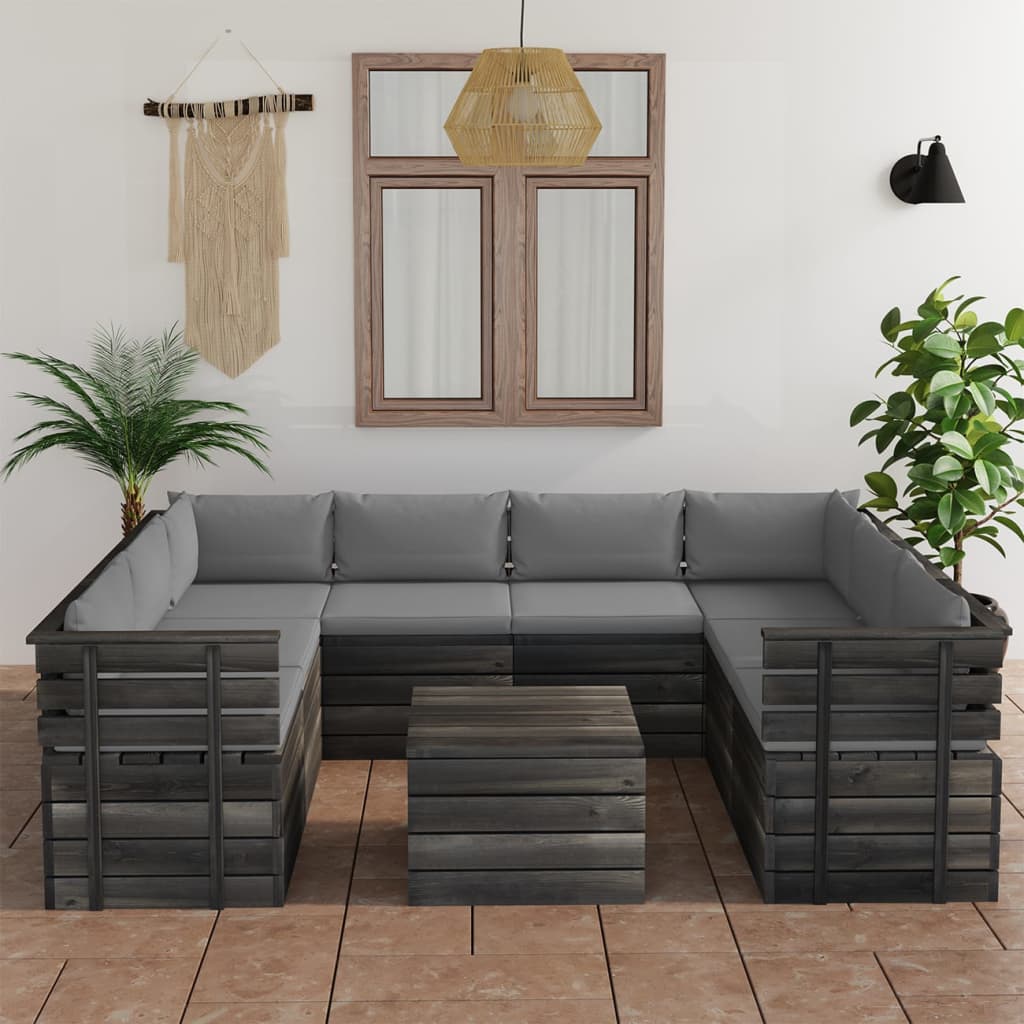 9-delige loungeset met kussens pallet massief grenenhout