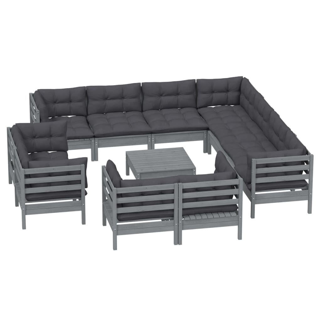12-delige loungeset met kussens massief grenenhout grijs